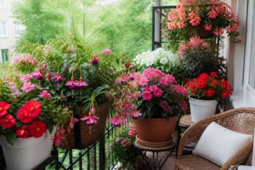Balcón con begonias, fucsias e impatiens bajo una luz brillante sin sol directo