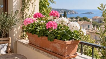 Una jardinera rectangular de terracota con geranios rosas y blancos en un balcón soleado