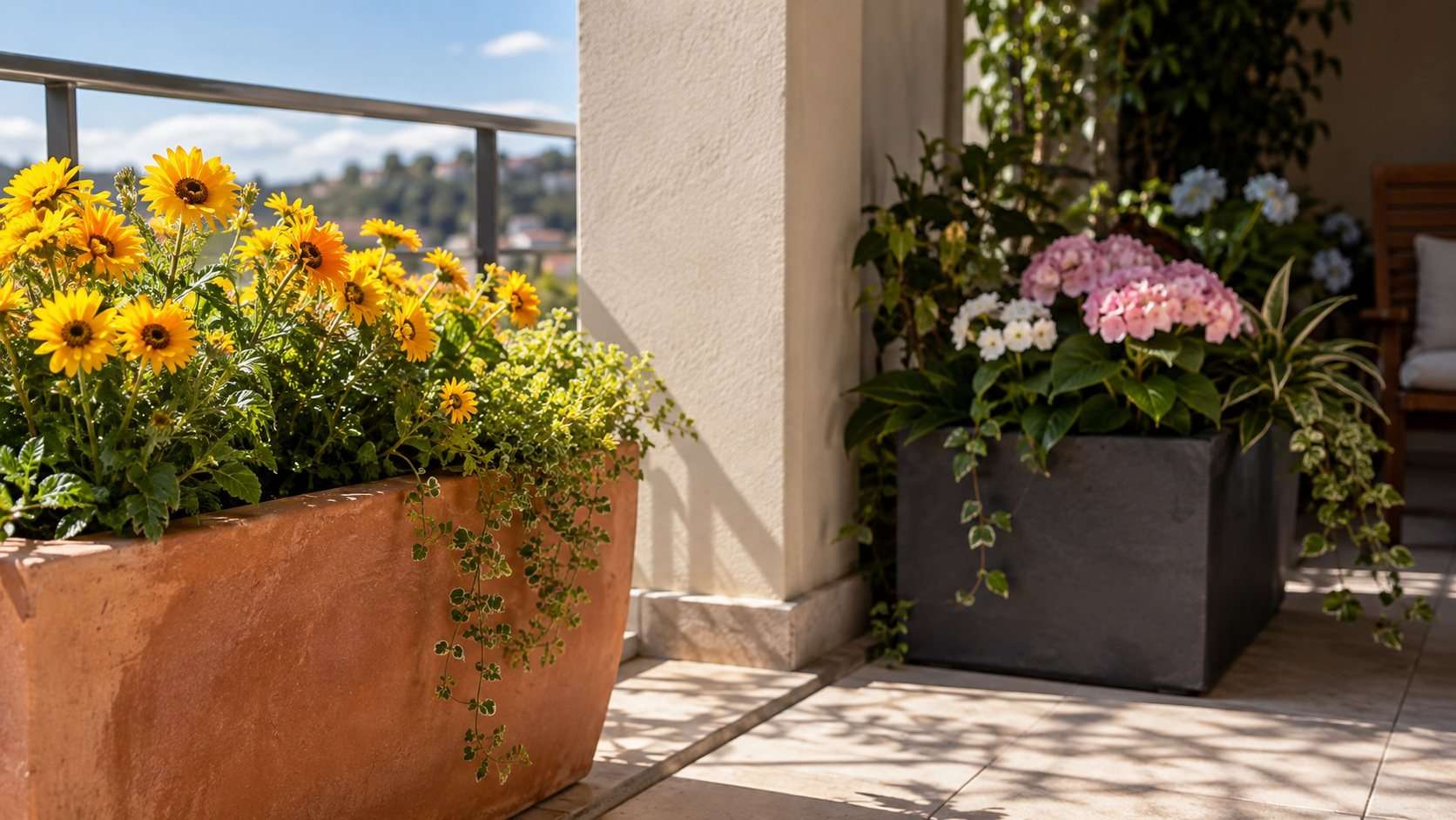 Primer plano de dos jardineras separadas
